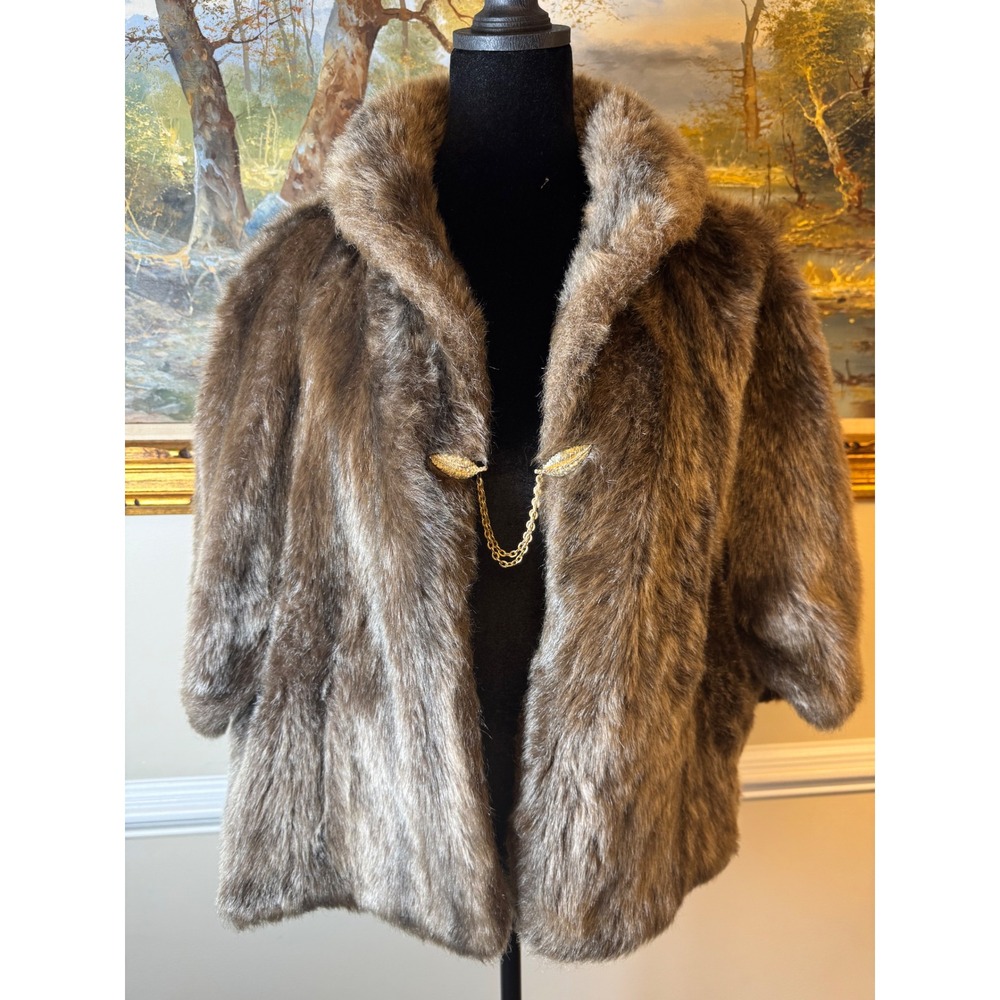 Vintage Regina Glenara by Glenoit Brown Faux Fur Mink Coat Cape Wrap Mob Wife